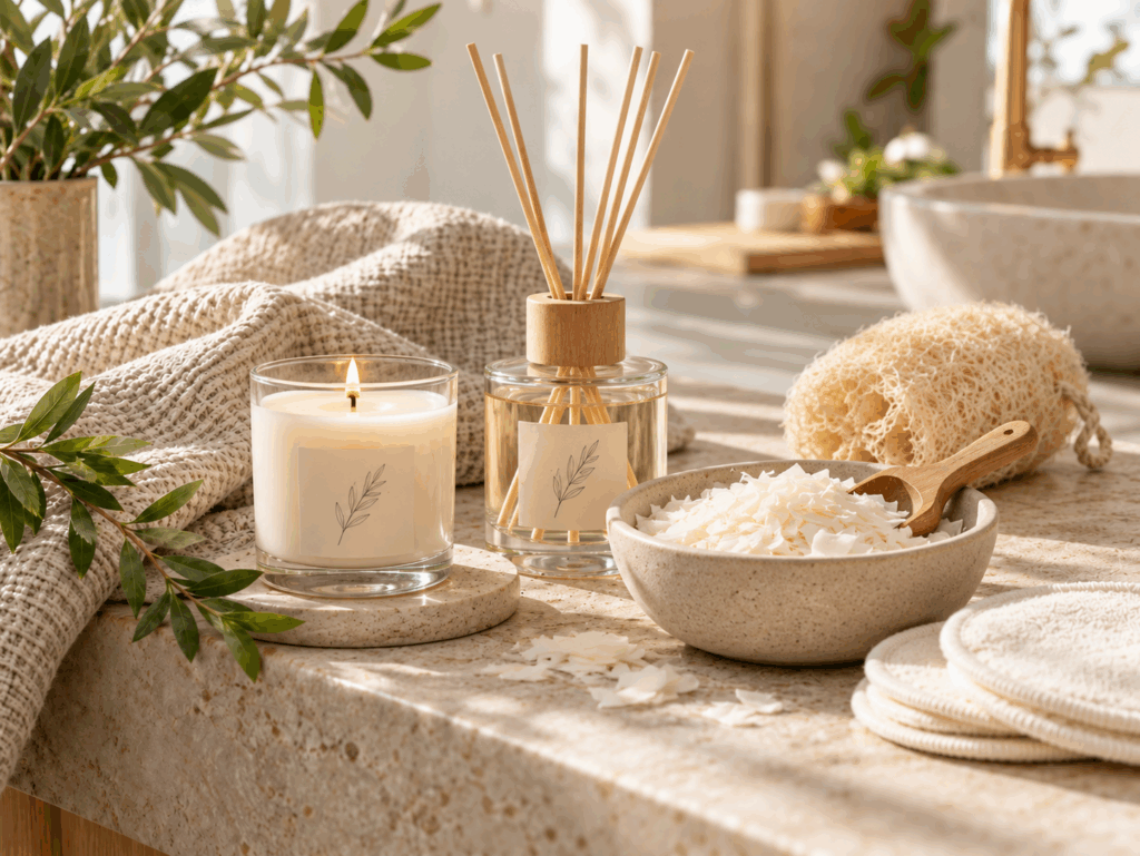 cosmética orgánica - Bodegon de spa con vela y mikado